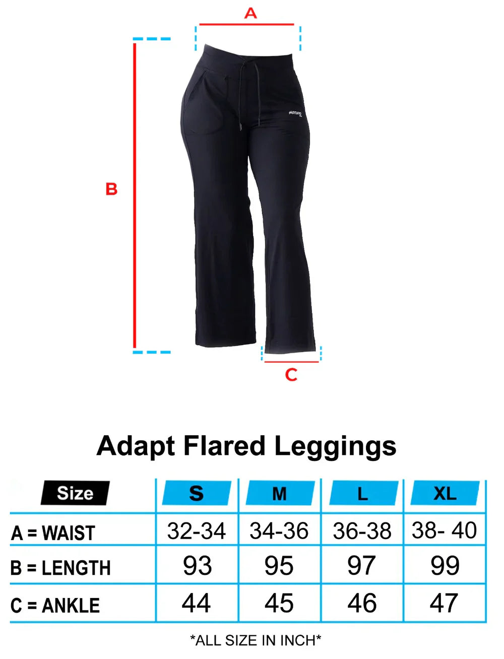 Black Adapt Flared Seamless Leggings Sizechart | HustlersOnlyPK