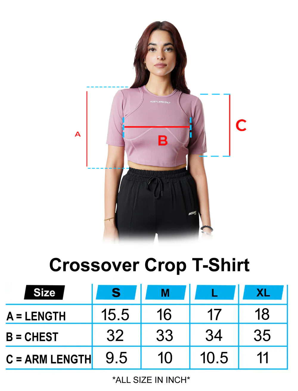 Pink Crossover Croptop Shirt For Women Sizechart | HustlersOnlyPK
