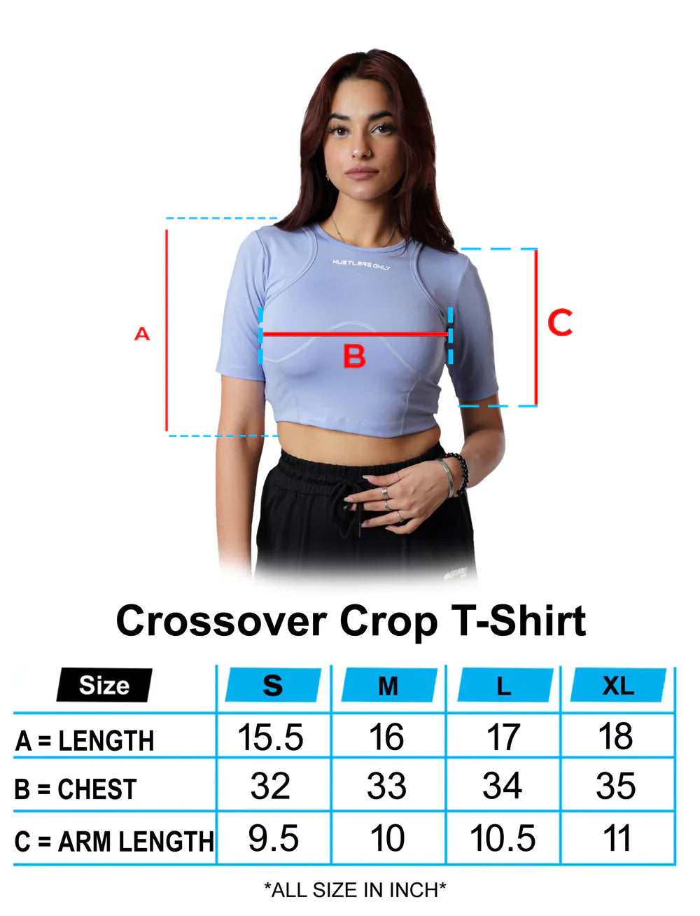 Sky Blue Crossover Croptop Shirt For Women Sizechart | HustlersOnlyPK