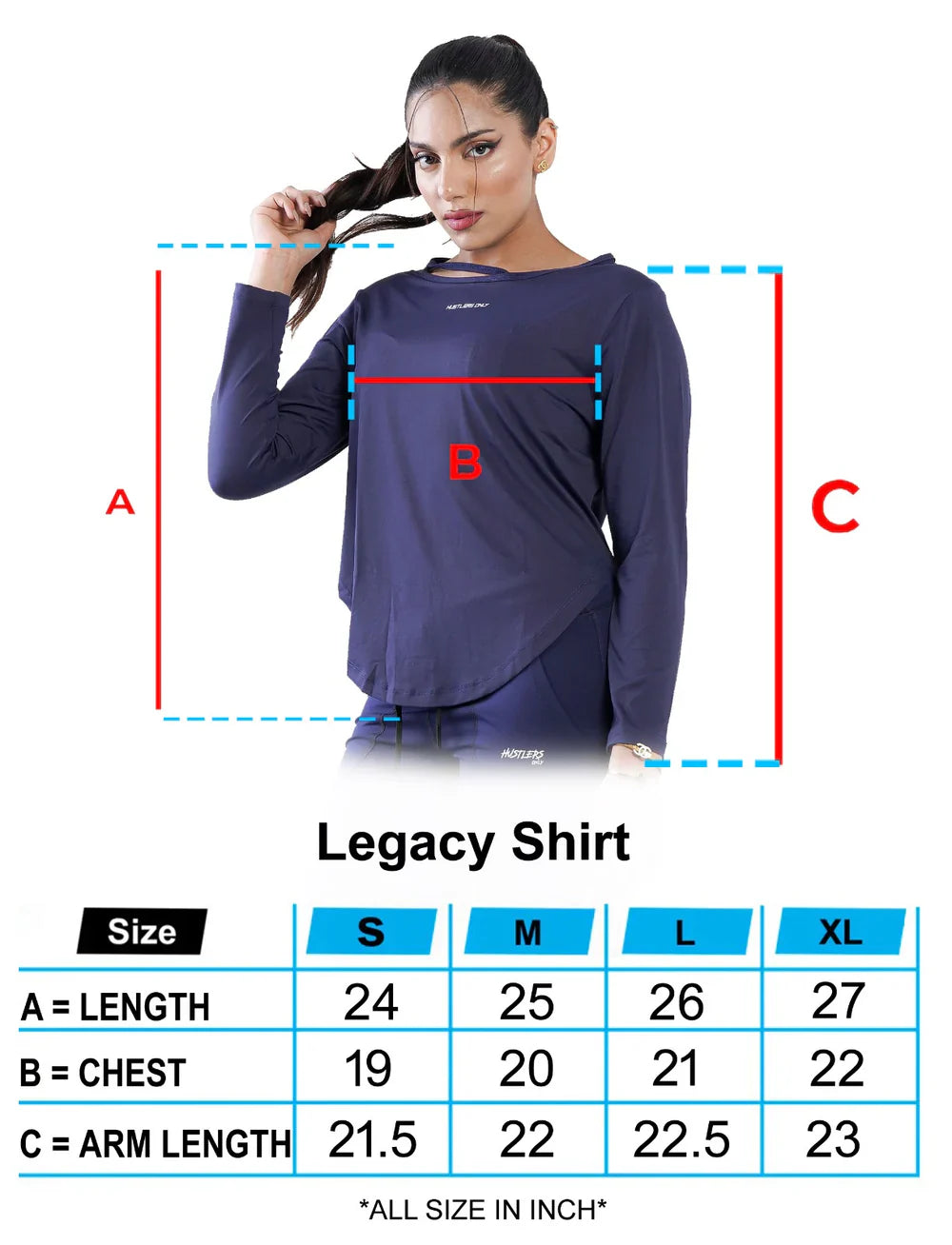Blue Legacy Shirt for Womens Sizechart | HustlersOnlyPK
