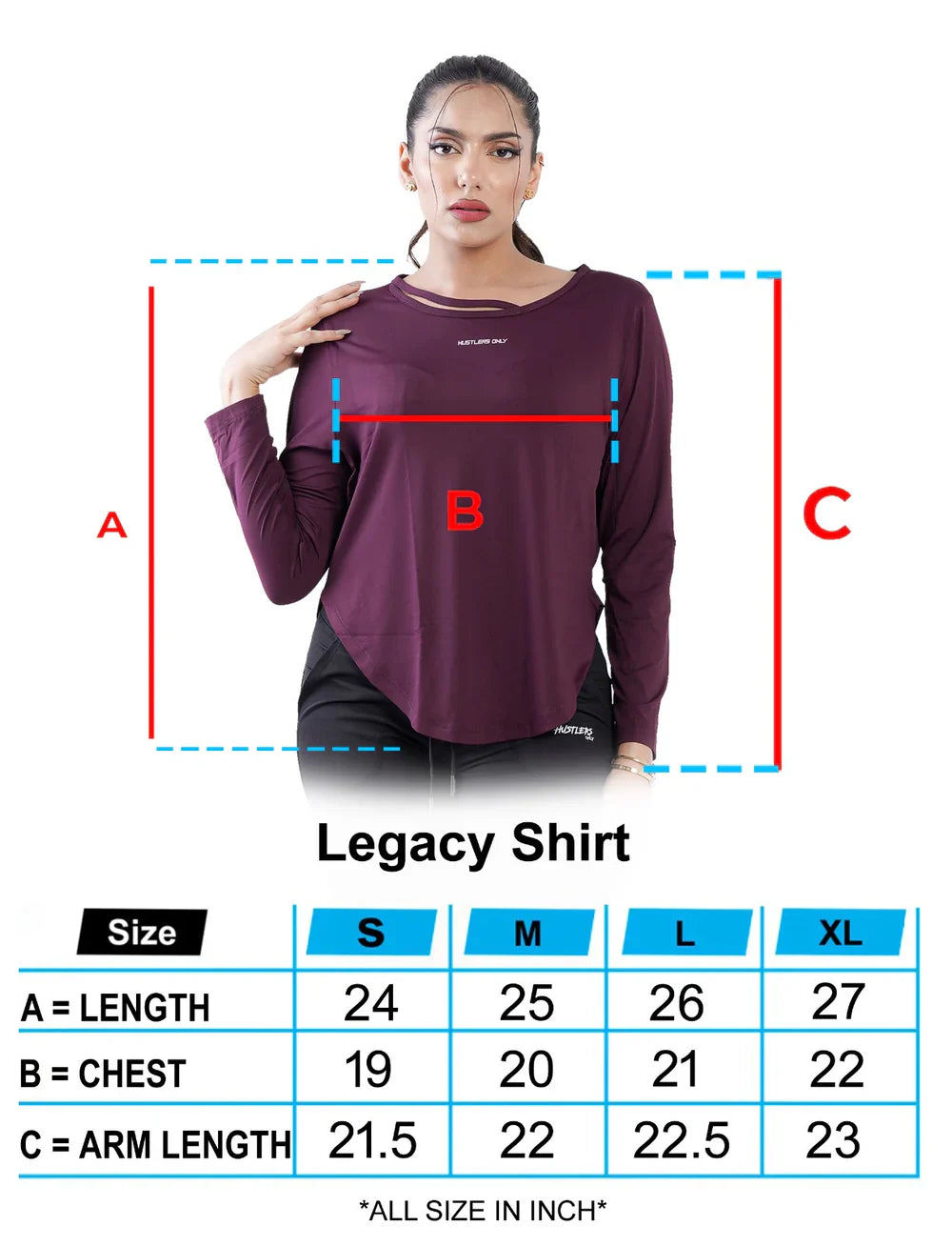 Maroon Legacy Shirt for Womens Sizechart | HustlersOnlyPK