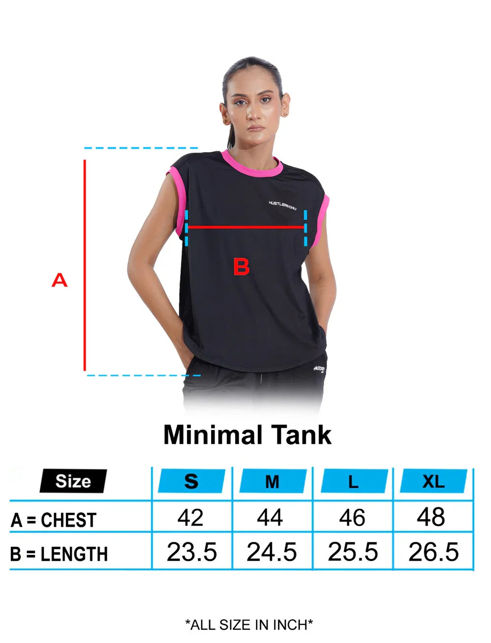 Black Minimal Tank Shirt For Women Sizechart | HustlersOnlyPK