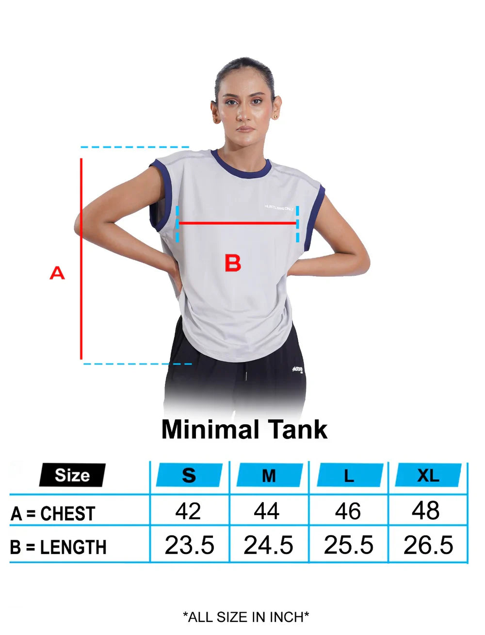 Grey Minimal Tank Shirt For Women Sizechart | HustlersOnlyPK
